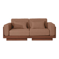 Brown upholstered sofa with solid color cushions, featuring a sleek wooden frame and minimalist design.
