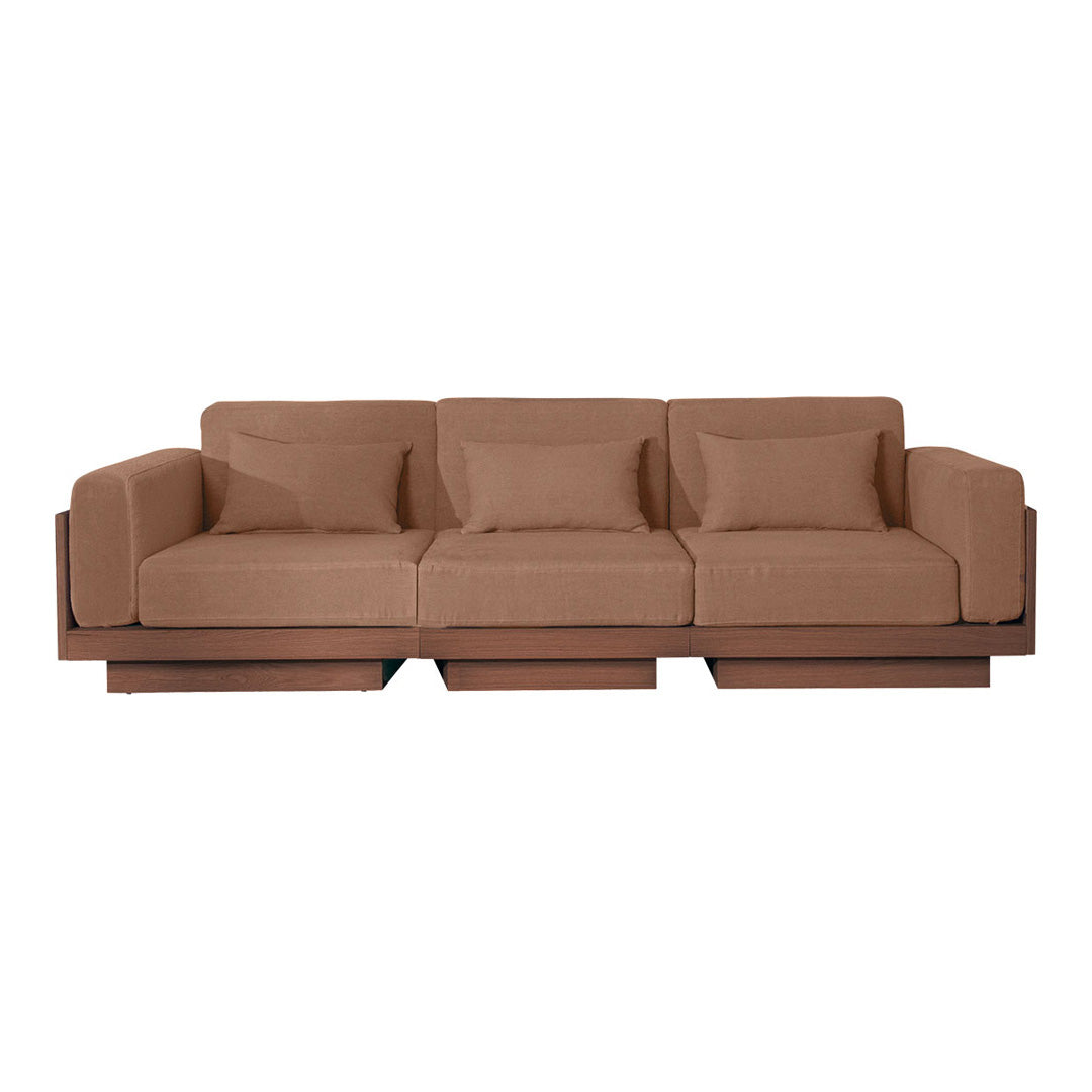 Brown fabric sofa with clean lines and a solid wood base, featuring plush cushions for comfort and style.