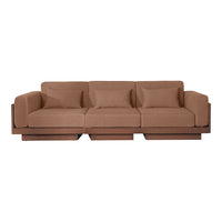Brown fabric sofa with clean lines and a solid wood base, featuring plush cushions for comfort and style.
