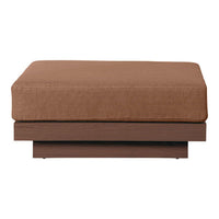 Brown cushioned ottoman with a sleek wooden base, featuring a solid color design for a modern aesthetic.