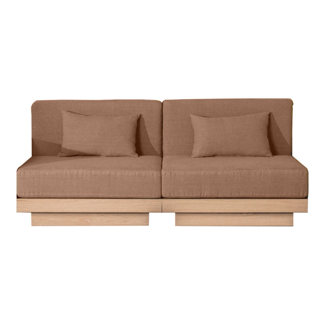 Brown two-seater sofa with smooth texture and simple, modern design, featuring matching accent pillows.