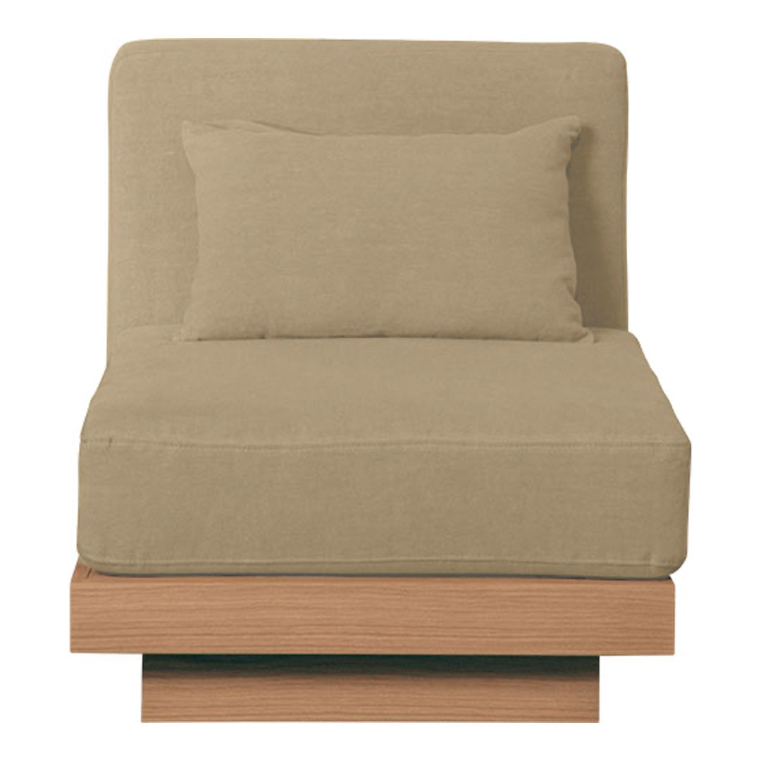 Beige fabric accent chair with a matching pillow on a wooden base, featuring a minimalist and modern design.