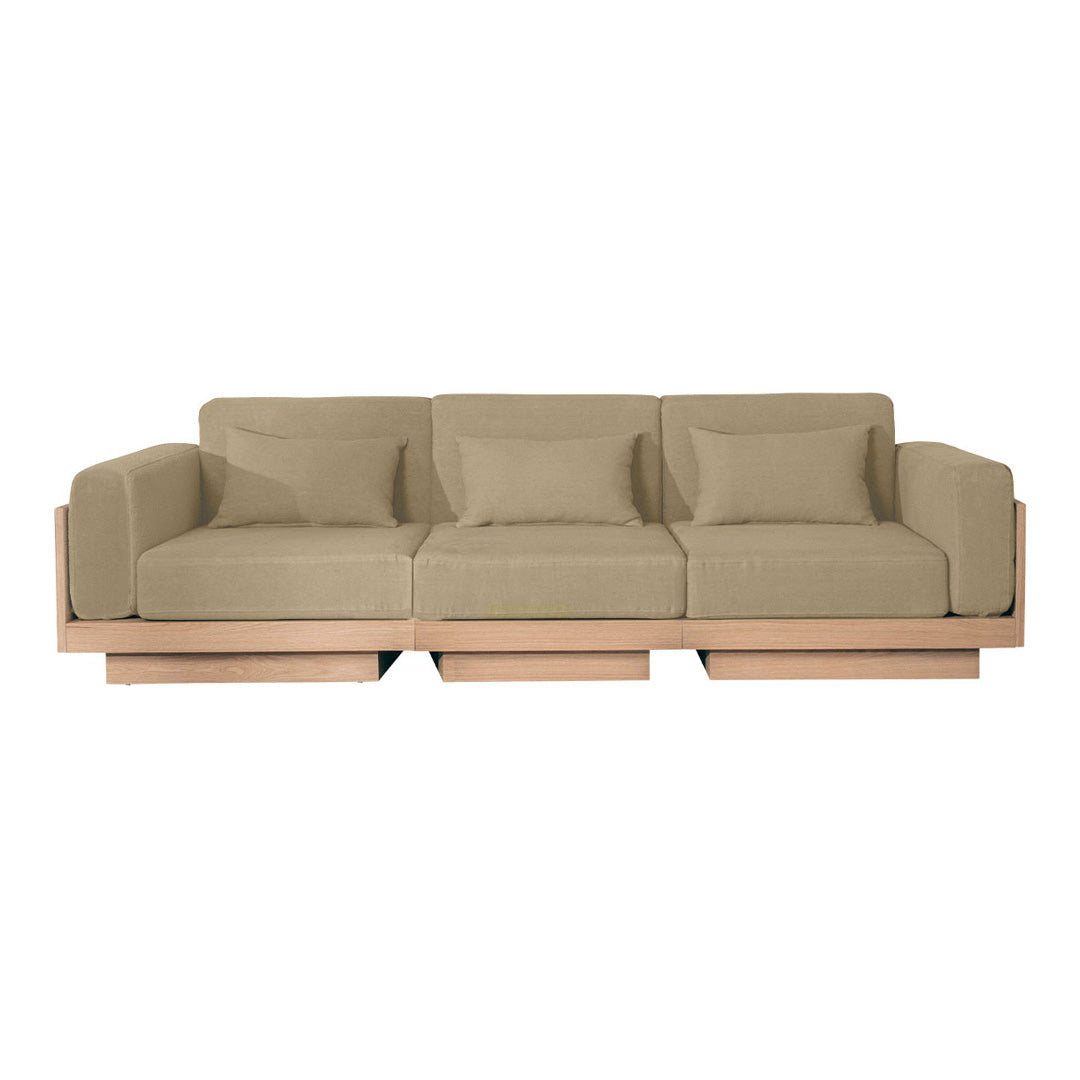 Beige upholstered sofa with three cushions and a light wood base, featuring a minimalist, modern design.
