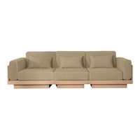 Beige upholstered sofa with three cushions and a light wood base, featuring a minimalist, modern design.