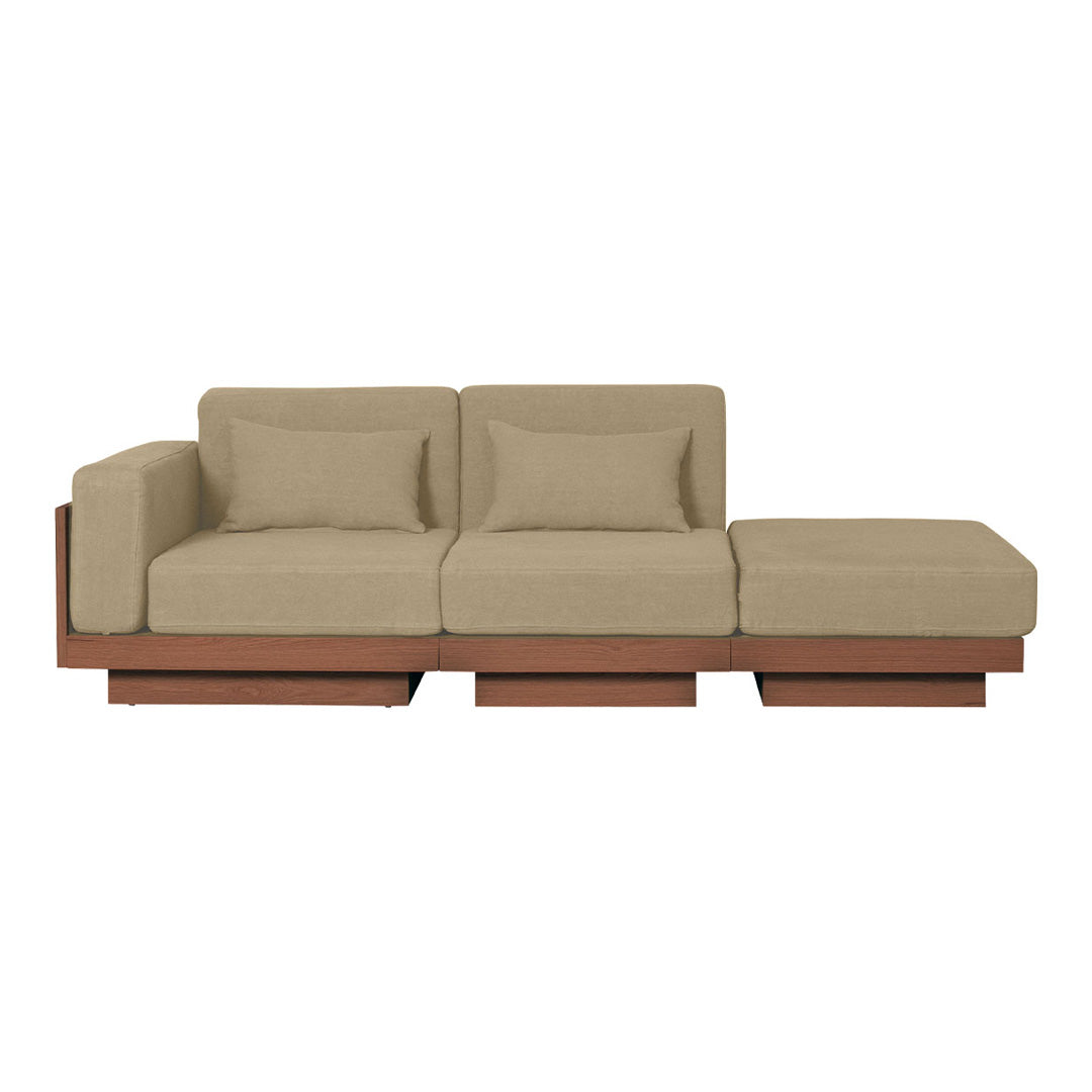 Beige fabric upholstery with a sleek brown wooden frame, featuring a simple and modern design.