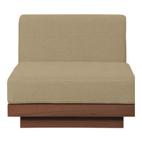 "Beige upholstered chair with a simple, solid pattern and a modern wooden base."