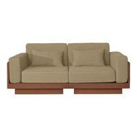 Beige fabric sofa with simple, modern design and a warm wooden frame. Perfect neutral addition to any living space.