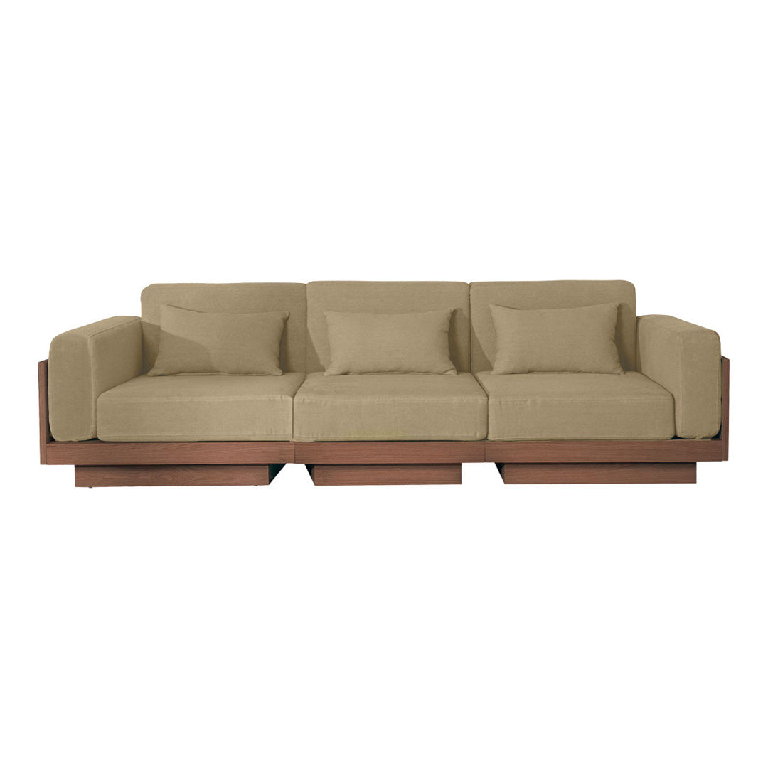 Beige fabric sofa with plush cushions and a sleek brown wooden base, featuring a modern, minimalist design.