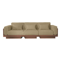 Beige fabric sofa with plush cushions and a sleek brown wooden base, featuring a modern, minimalist design.