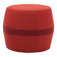 Red upholstered pouf with a contrasting dark red band, featuring a smooth, solid texture. Ideal for modern decor.