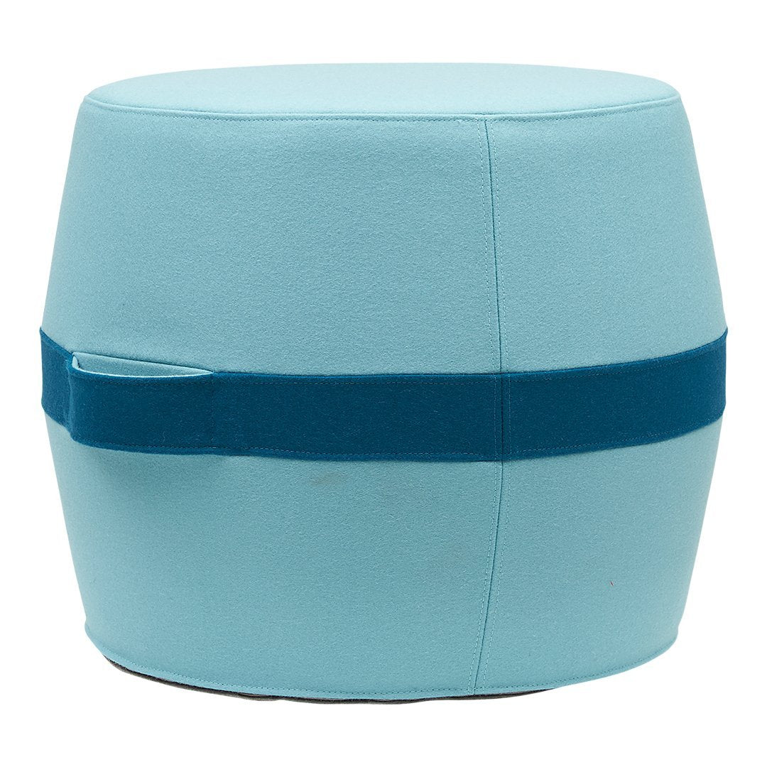 Light blue ottoman with a dark blue accent band, featuring a smooth, solid color pattern. Ideal for modern spaces.