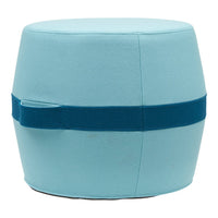 Light blue ottoman with a dark blue accent band, featuring a smooth, solid color pattern. Ideal for modern spaces.