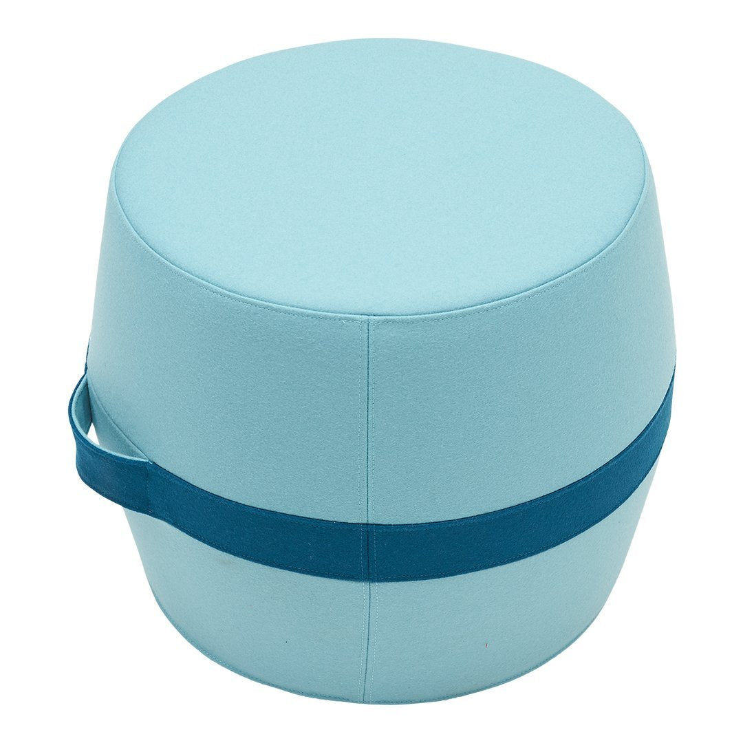 Light blue round pouf with a contrasting dark blue stripe and a convenient side handle. Perfect for modern decor.