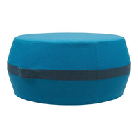 Round teal ottoman with a contrasting dark gray band, featuring a sleek, modern design suitable for any decor.