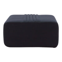 Black rectangular ottoman with subtle quilted pattern and smooth texture. Ideal for modern decor and versatile styling.