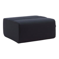 Black ottoman with a sleek, minimalist design and subtle vertical lines, perfect for modern decor.