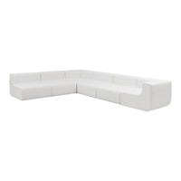 Modern white sectional sofa with sleek lines and minimalistic design, perfect for contemporary living spaces.