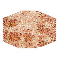 Hexagon rug featuring a vibrant pattern of warm colors, including orange, red, yellow, and hints of blue and brown.