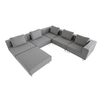 L-shaped grey sectional sofa with soft fabric and plush cushions, featuring a modern minimalist design.