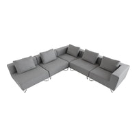 Modern gray sectional sofa with sleek lines and plush cushions, featuring a minimalist design and metallic legs.