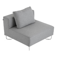 Gray upholstered chair with clean lines, a simple design, and a matching throw pillow for a modern look.