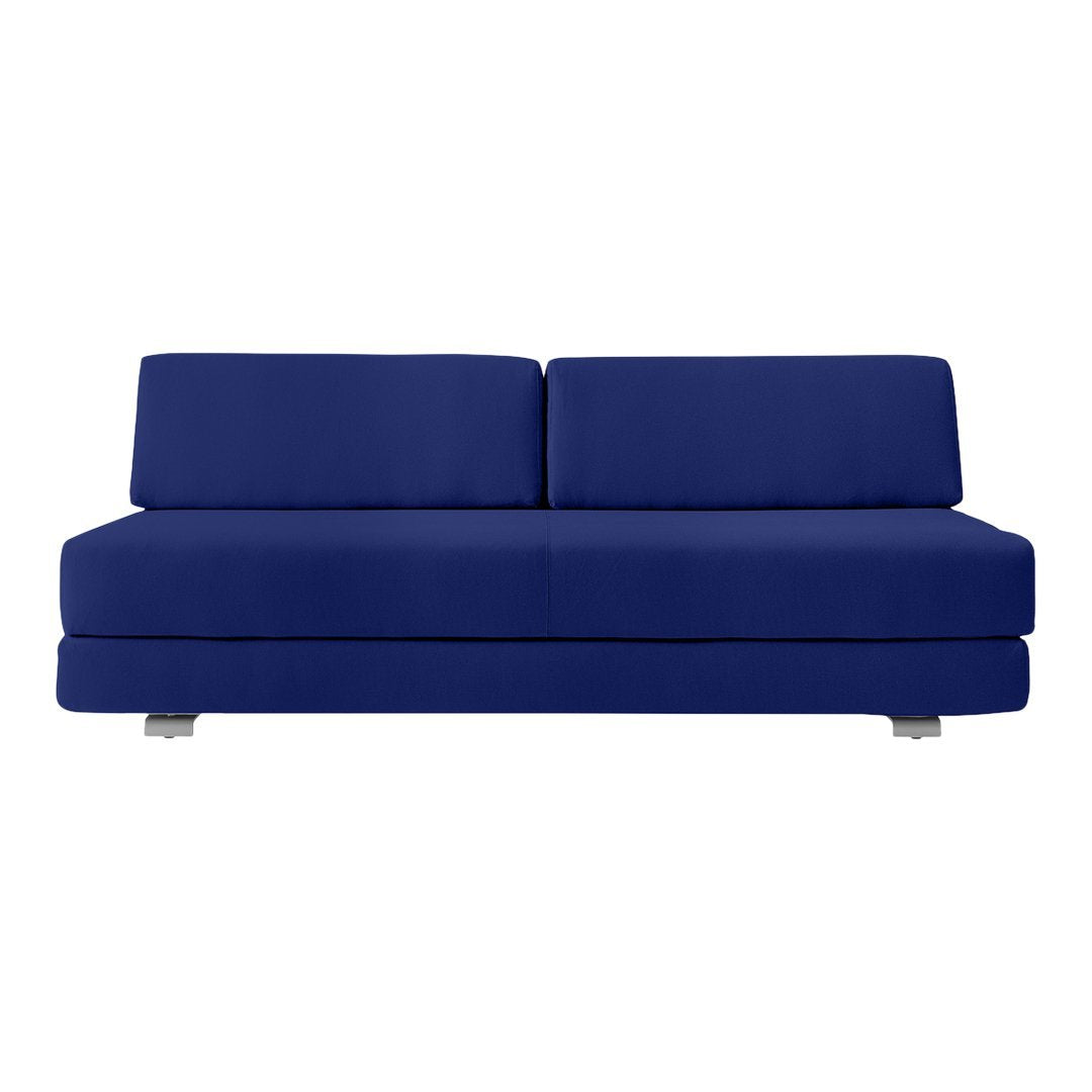 Bright blue modern sofa with sleek lines and minimalist design, featuring solid fabric upholstery and no visible patterns.