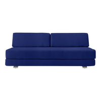 Bright blue modern sofa with sleek lines and minimalist design, featuring solid fabric upholstery and no visible patterns.