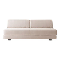 Neutral beige sofa with a sleek, minimalist design and smooth fabric surface, perfect for modern interiors.