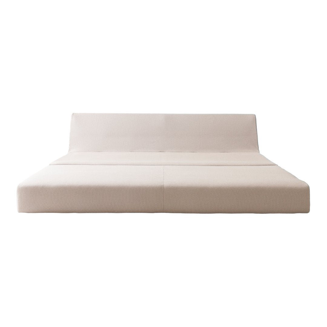 Modern beige platform bed with a sleek, minimal design and smooth, solid fabric upholstery. Perfect for any bedroom decor.