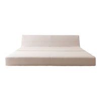 Modern beige platform bed with a sleek, minimal design and smooth, solid fabric upholstery. Perfect for any bedroom decor.