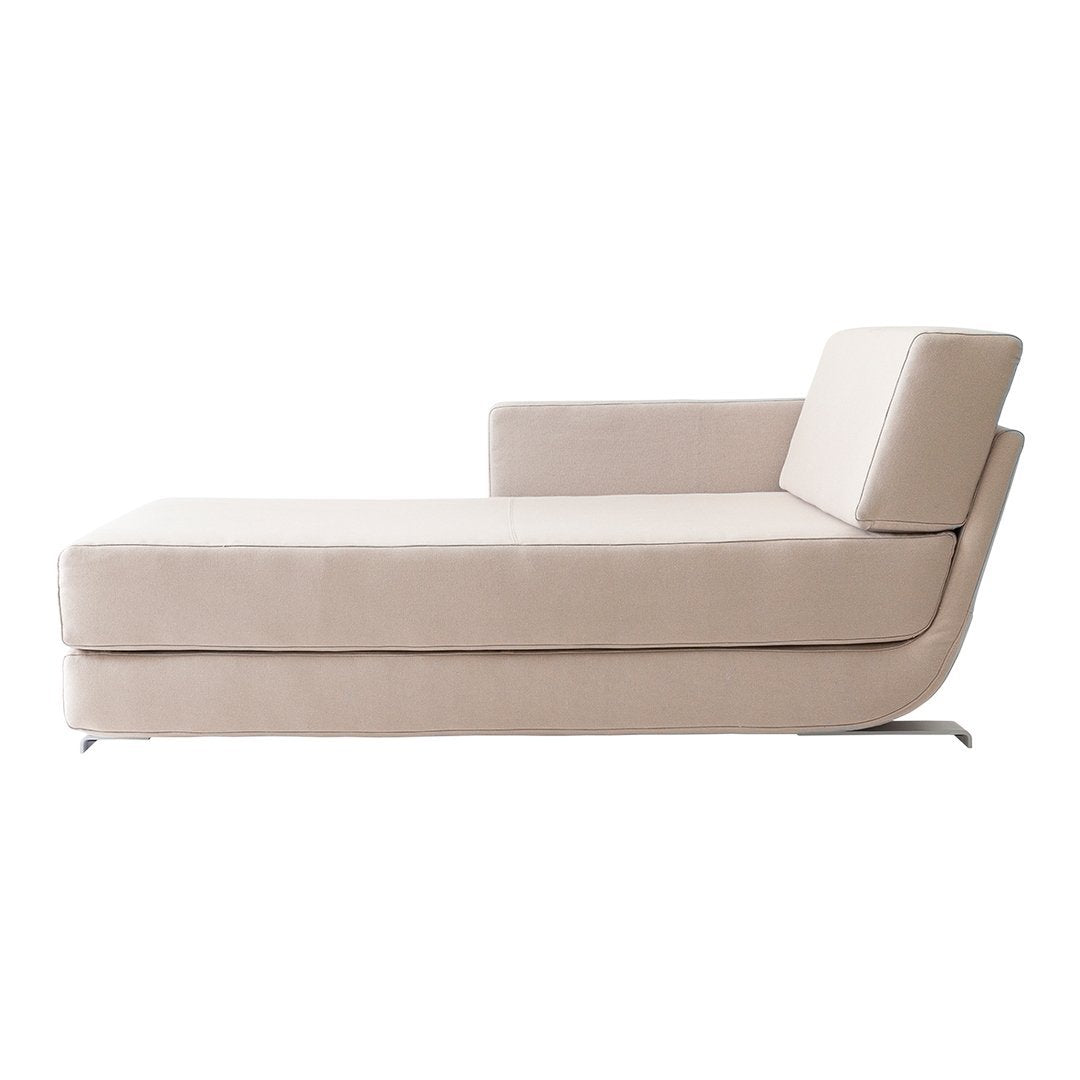 Beige fabric chaise lounge with a sleek, minimalist design and a smooth, contemporary silhouette.