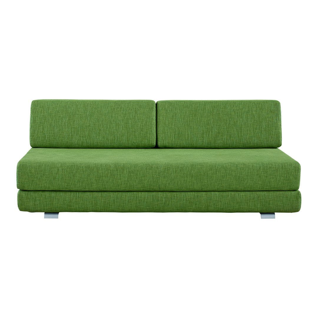 Modern green sofa with a textured finish and minimalist design, featuring two separate back cushions.