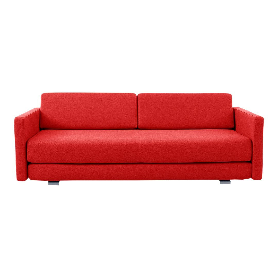 "Vibrant red sofa with a smooth, minimalist design and no visible patterns."