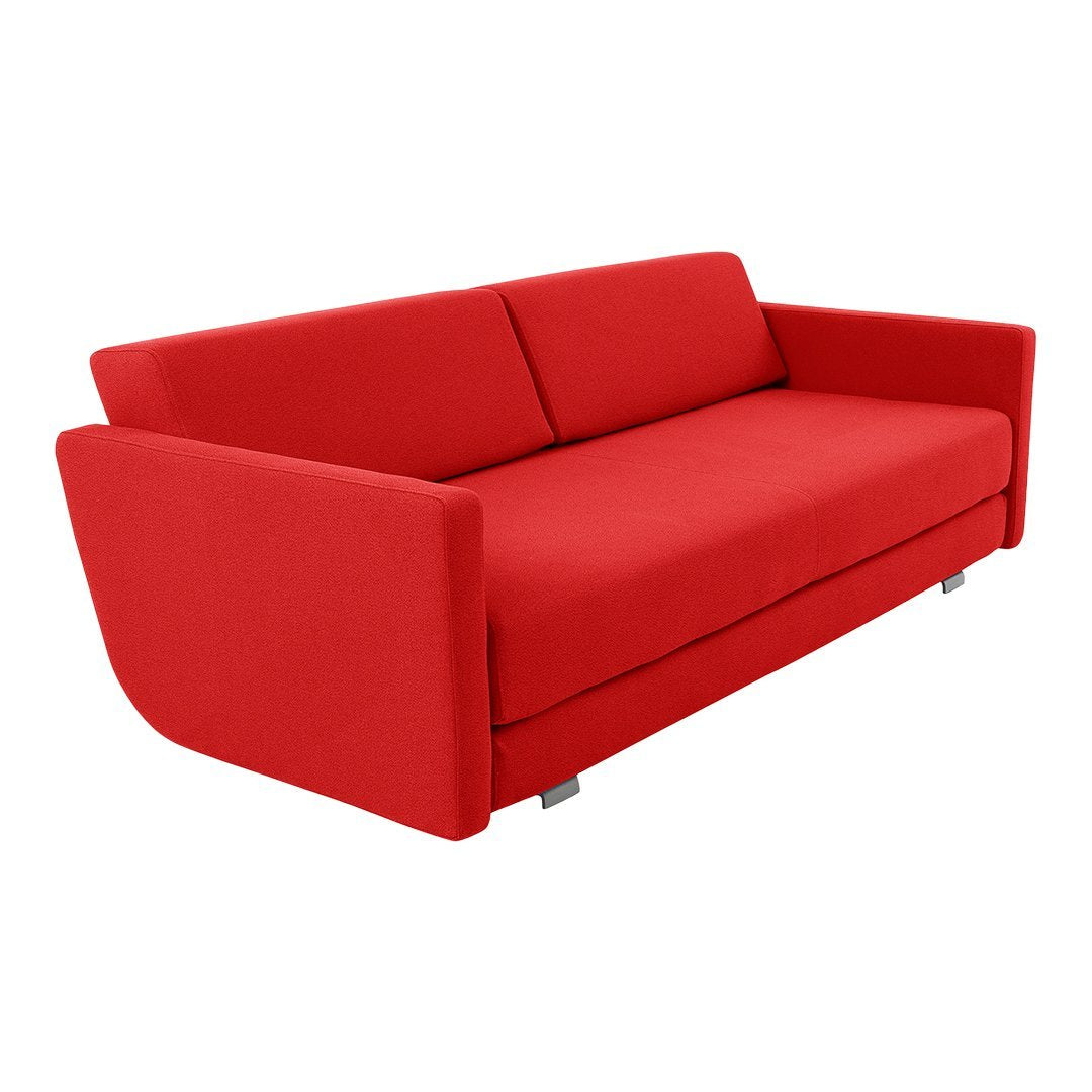 Bright red modern sofa with sleek lines and minimalistic design, perfect for vibrant home decor.