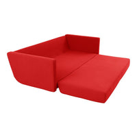 Red two-seater sofa with a minimalist design and smooth, fabric upholstery. Ideal for modern interiors.