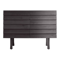 Dark wood chest with a modern slatted design and smooth finish, featuring clean lines and minimalistic style.