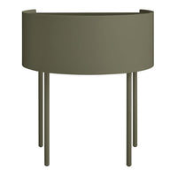 Olive green round planter with a smooth finish and slender legs, perfect for modern decor.
