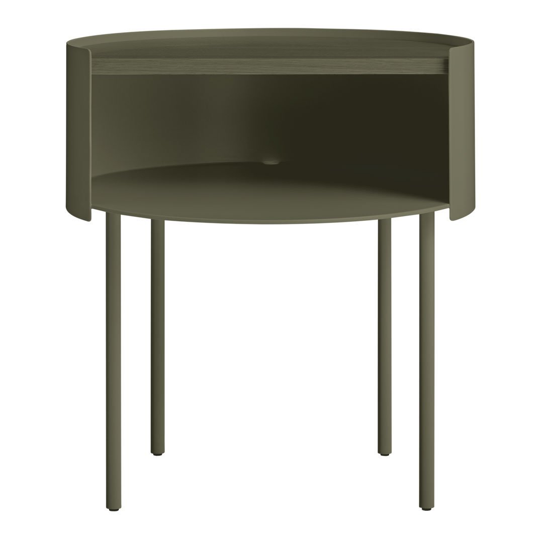 Olive green circular side table with a minimalist design and smooth finish. Perfect for modern interiors.