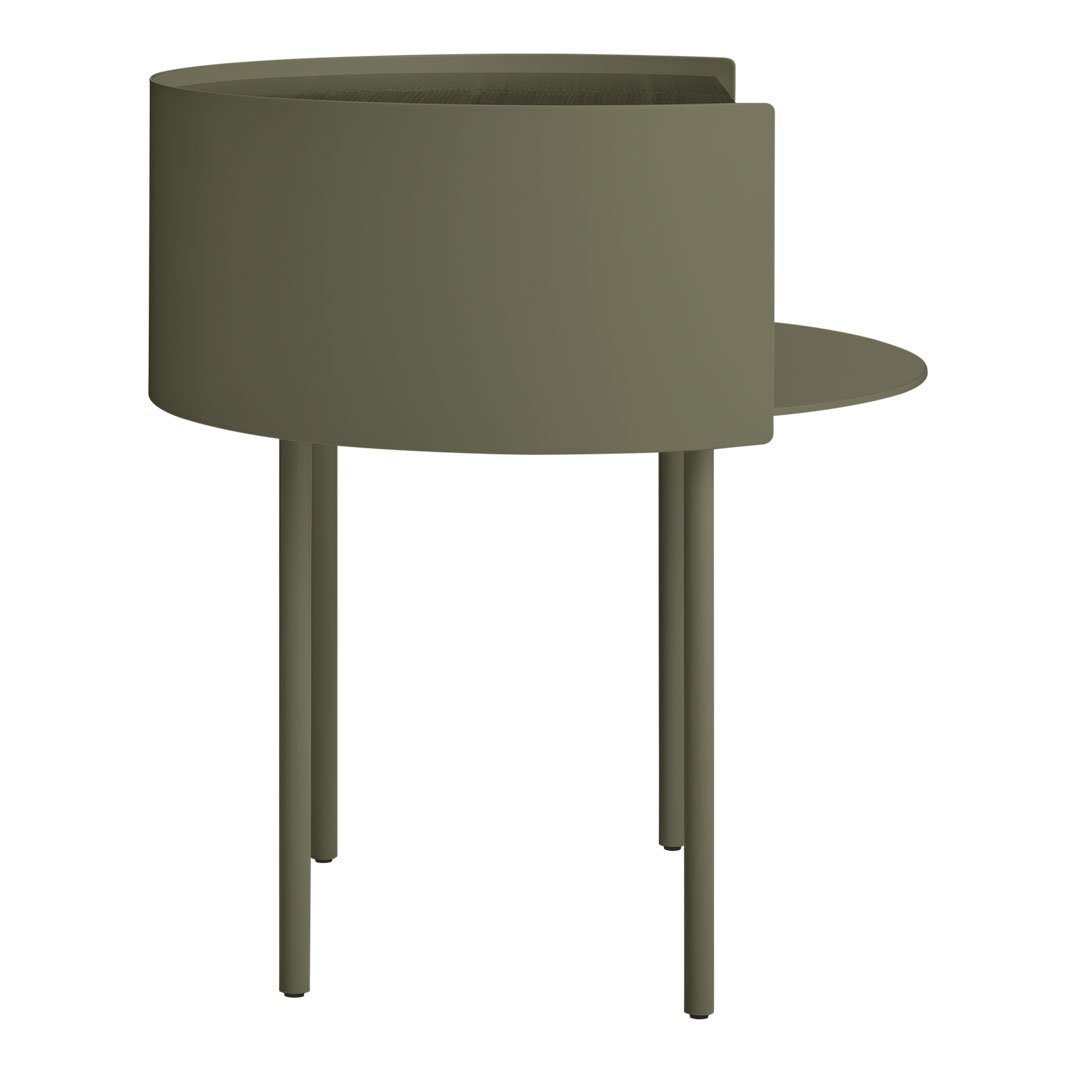 Modern olive green side table with a smooth cylindrical design and minimalist round top.