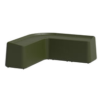 Green modular corner sofa with a sleek, modern design and smooth, textured surface. Ideal for contemporary spaces.