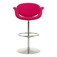 Vibrant pink fabric bar stool with a sleek chrome base, featuring a rounded backrest and modern design.
