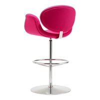 Bright pink modern bar stool with sleek chrome base, featuring a smooth, curved design for stylish decor.