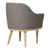 Gray upholstered chair with a smooth texture and wooden legs, featuring a minimalist design and modern aesthetic.
