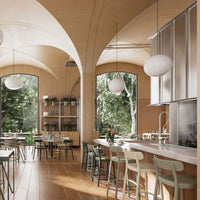 Modern kitchen interior featuring neutral tones, natural wood, and soft earth-toned accents. Elegant, minimalist design.