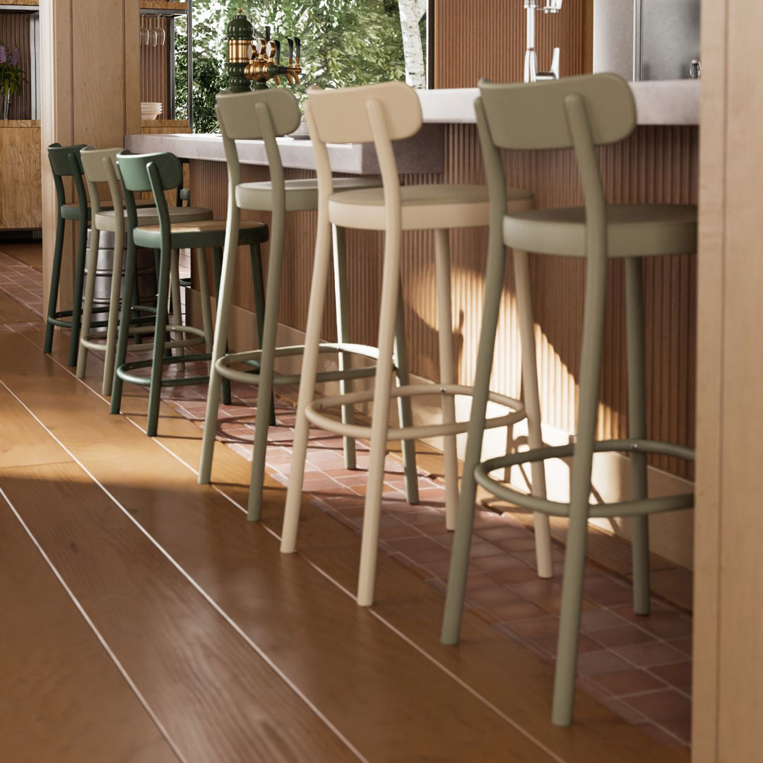 Set of modern bar stools in muted green, beige, and olive tones, featuring clean lines and minimalist design.