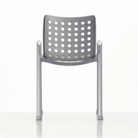 Gray chair with a perforated backrest and silver metal legs against a white background.