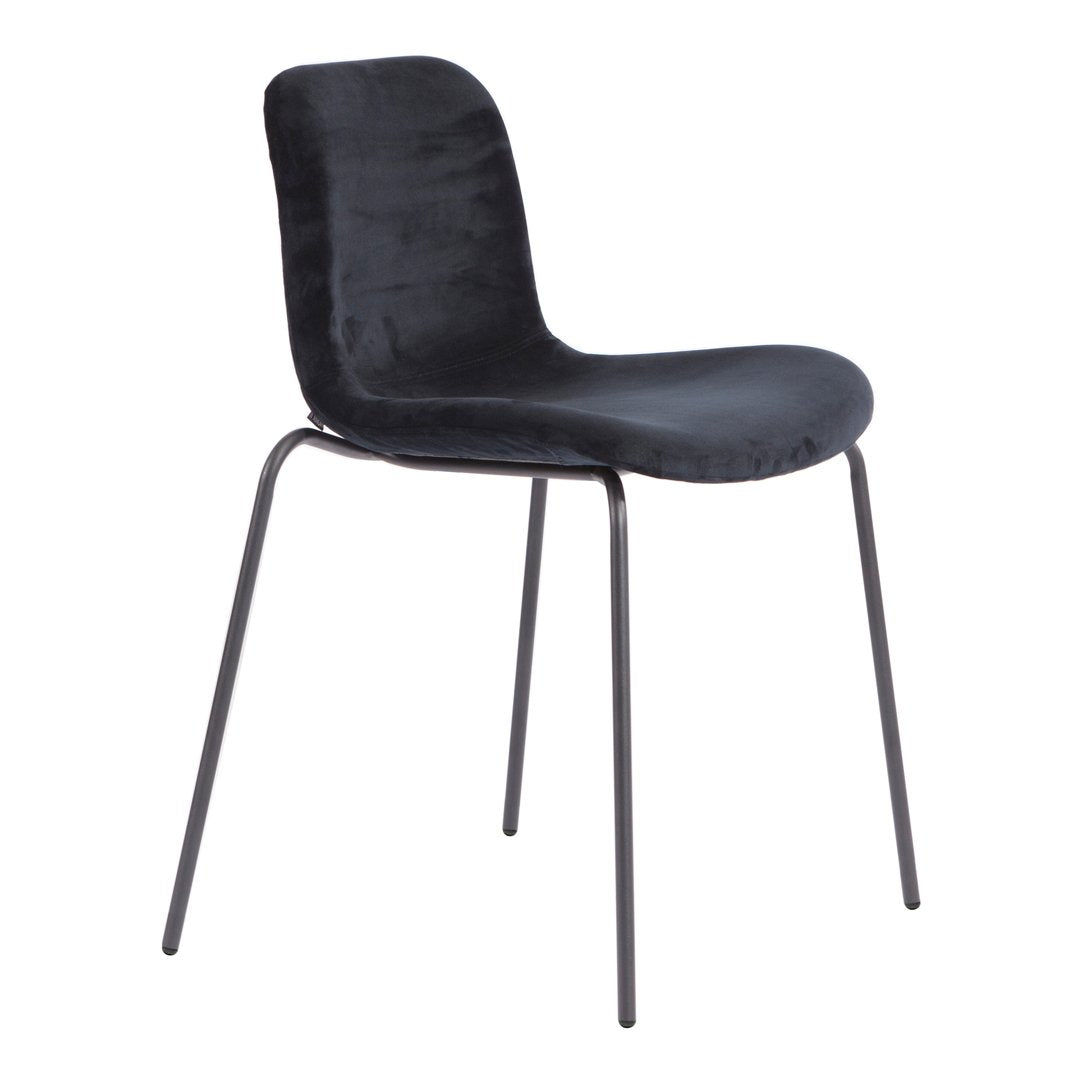 Sleek black velvet dining chair with smooth contours and a minimalist design, perfect for modern decor.