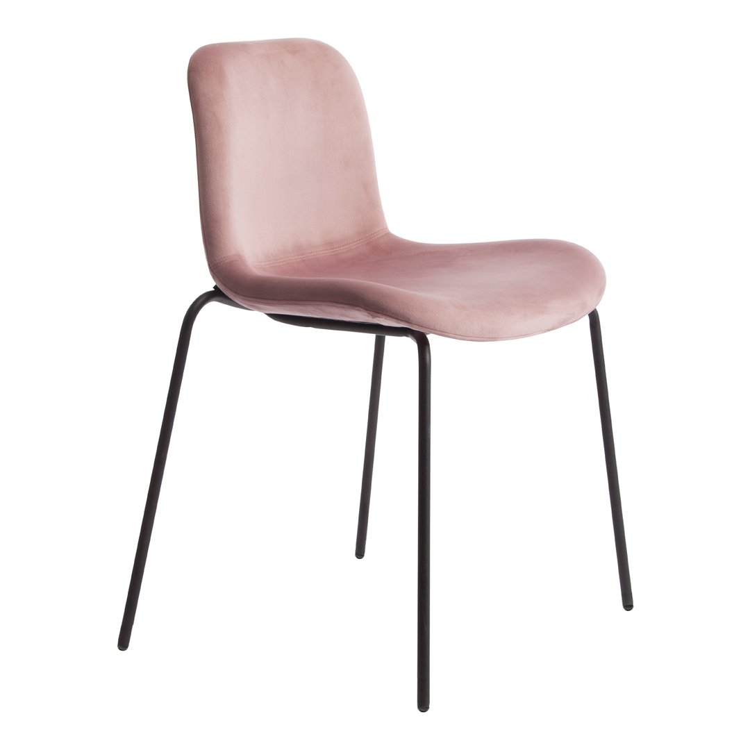 Pink velvet dining chair with a smooth, simple design and slender black metal legs. Perfect for modern interiors.