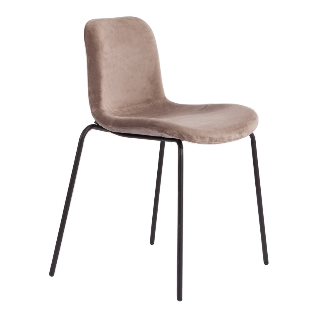 Brown velvet dining chair with sleek black metal legs. Simple, modern design perfect for any contemporary space.