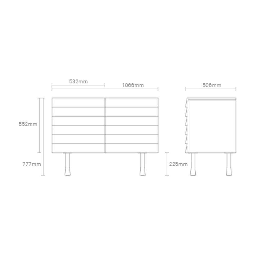 Minimalist white storage unit with horizontal wood grain pattern and sleek legs, perfect for modern decor.